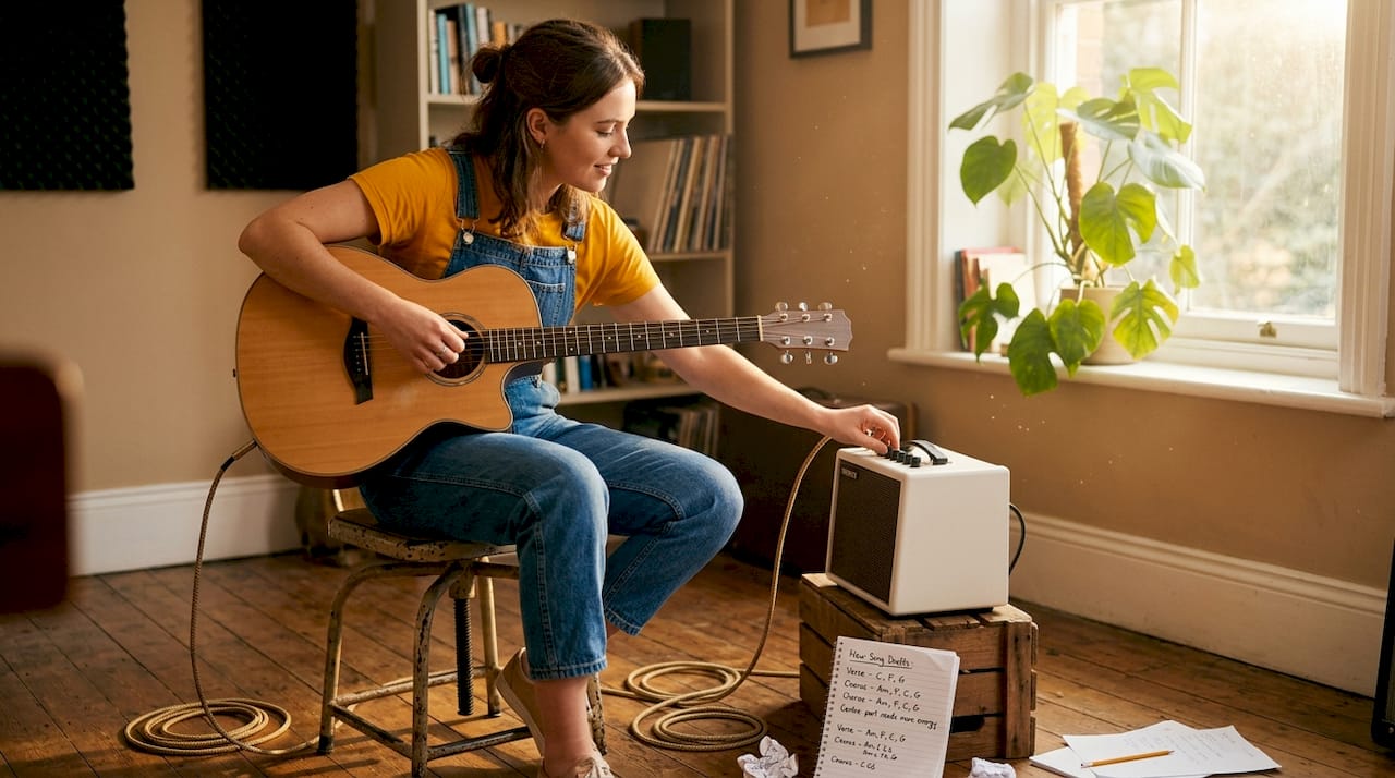 Woman tests acoustic-electric guitar through amp