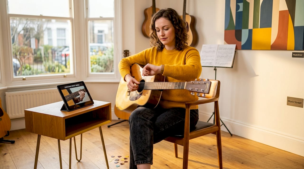Woman practicing good guitar posture at home