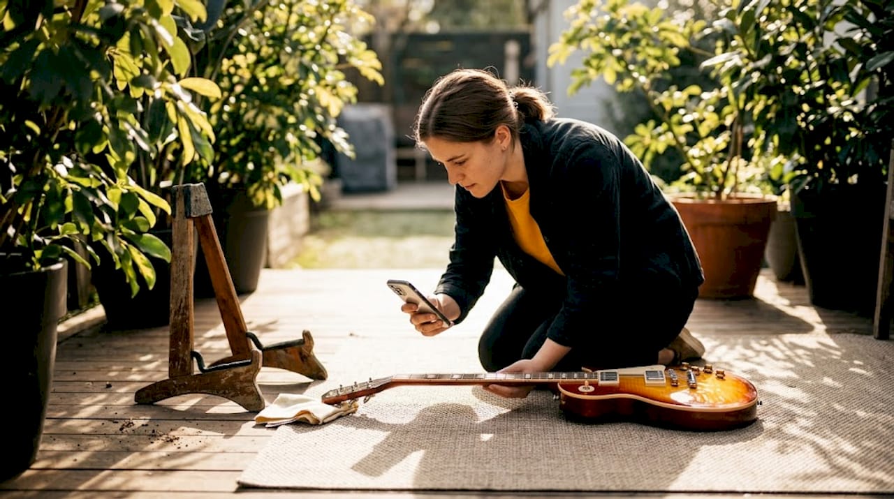 Woman photographing guitar for online listing