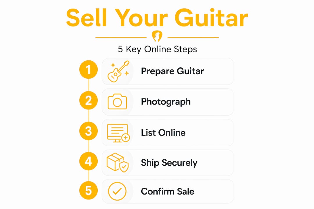 Infographic showing 5 steps to sell guitar online