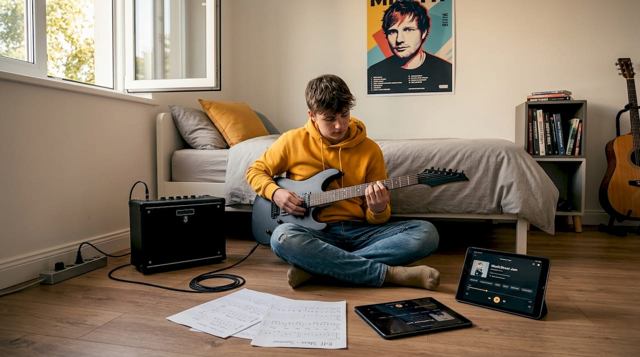 Teen practicing electric guitar in bedroom with gear