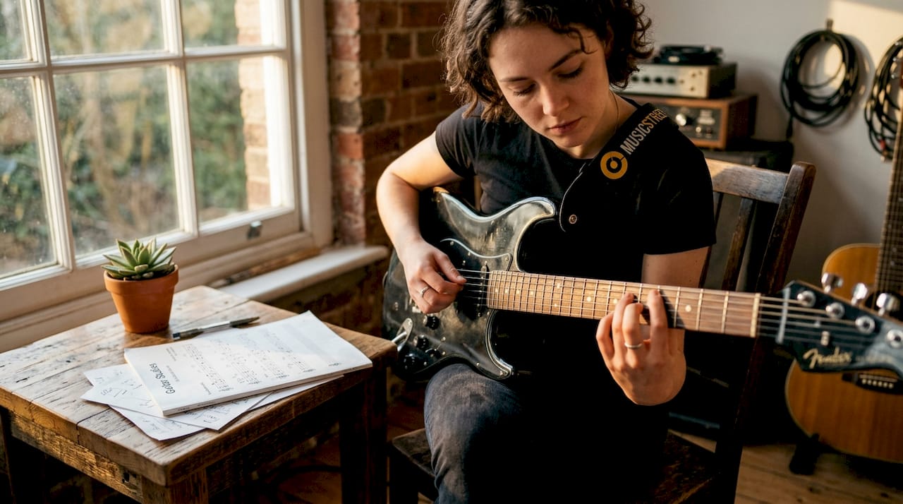 Guitarist practicing string bends at home