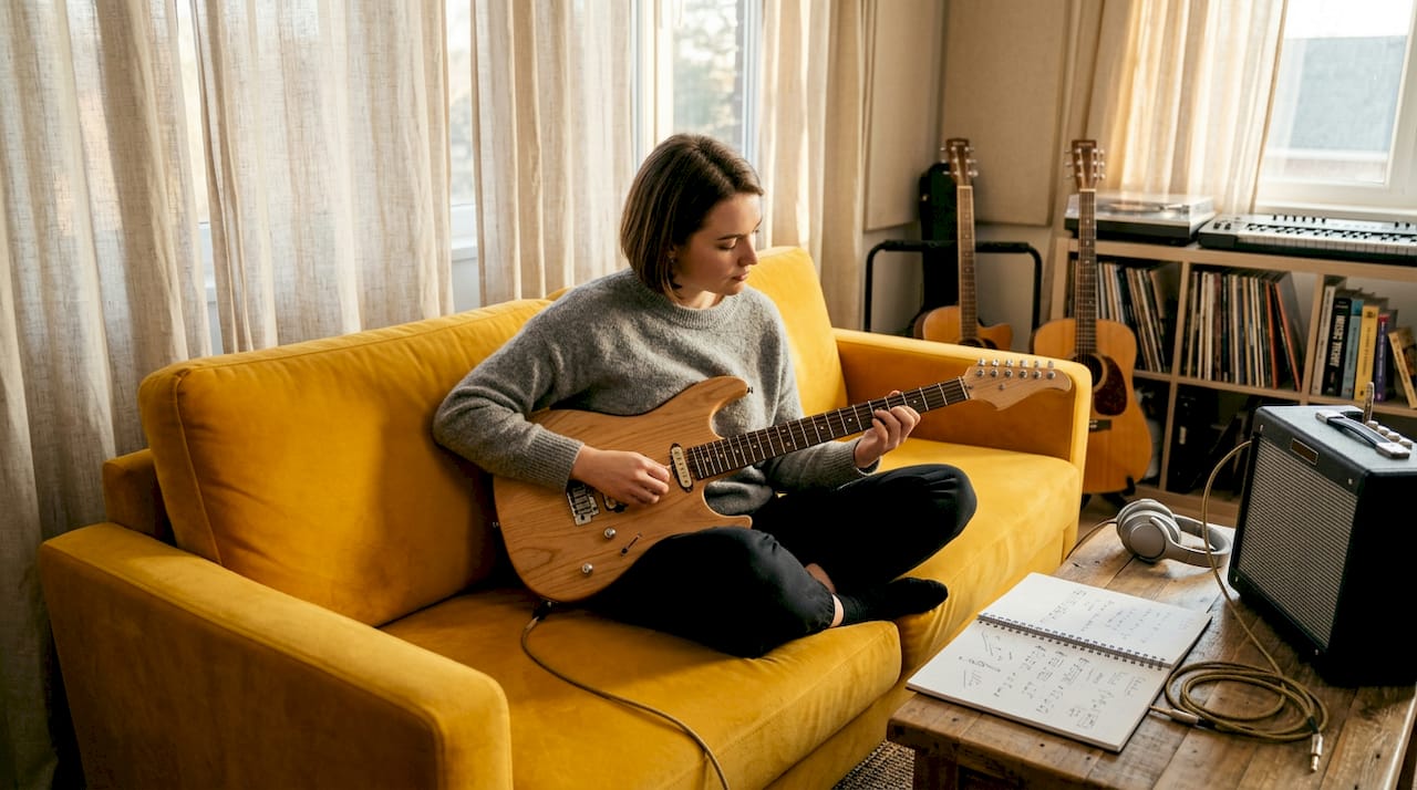 Guitarist playing alder electric guitar at home