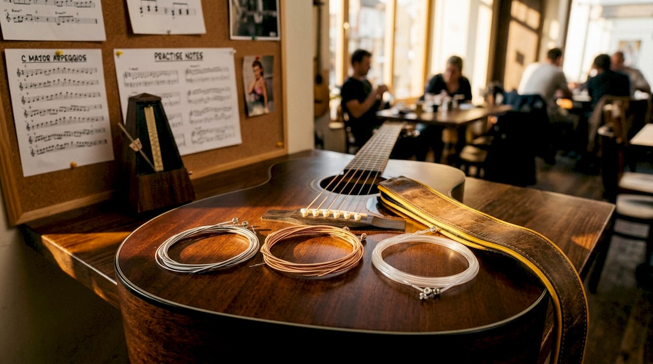 Various types of guitar strings on wood table