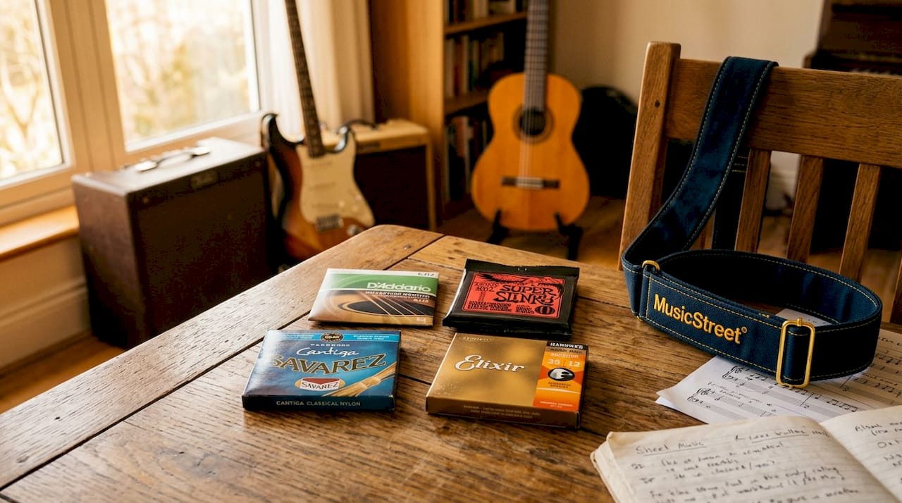 Various guitar string material packets arranged neatly