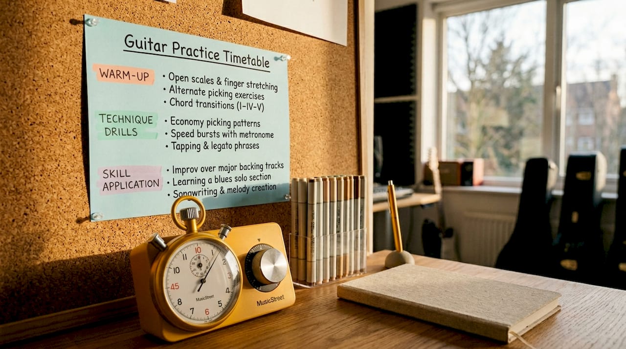 Close-up of structured guitar practice timetable