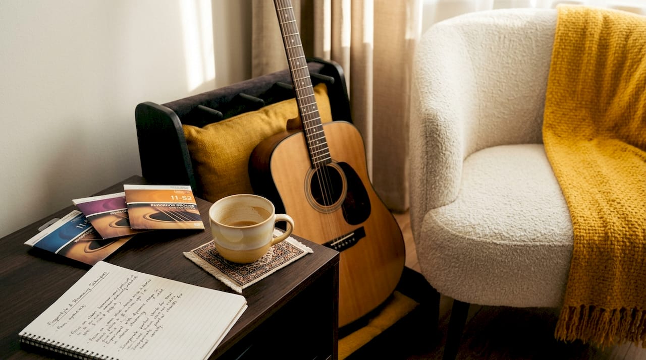 Guitar and string sets in home music practice space