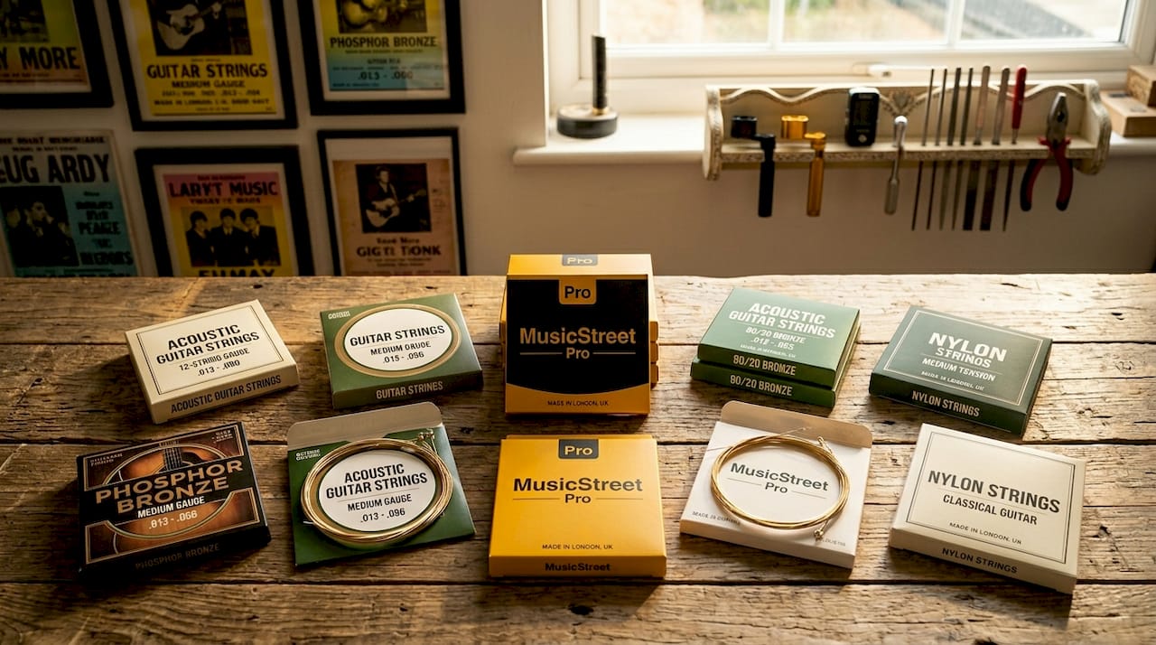 Various acoustic guitar string material sets in studio