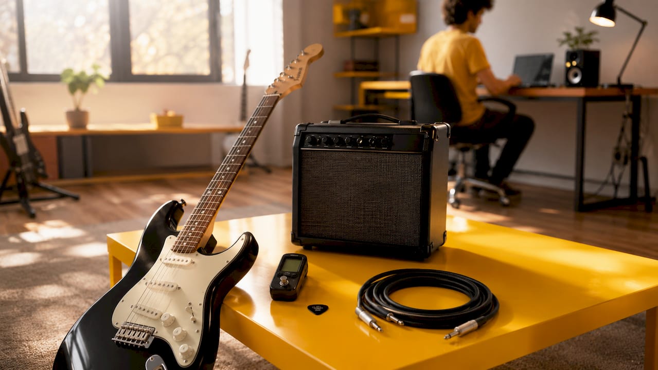 Beginner electric guitar gear close-up overhead