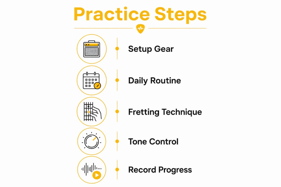 Infographic detailing electric guitar practice steps for beginners
