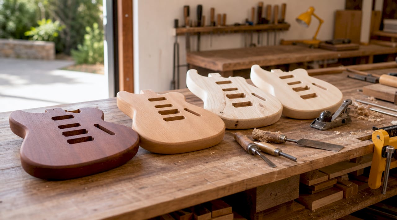 Close-up of electric guitar tonewood raw materials on workbench