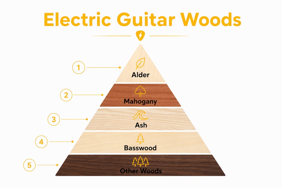 Infographic ranking electric guitar woods by tonal character
