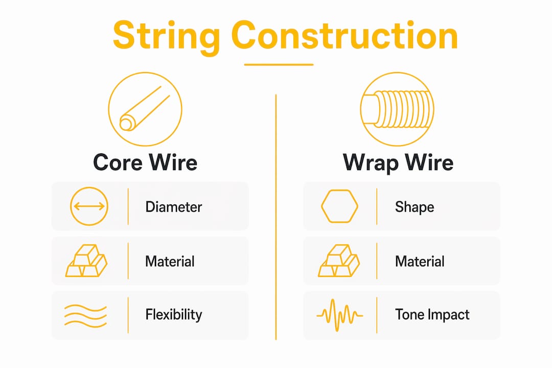 Infographic comparing core wire and wrap wire features in guitar strings
