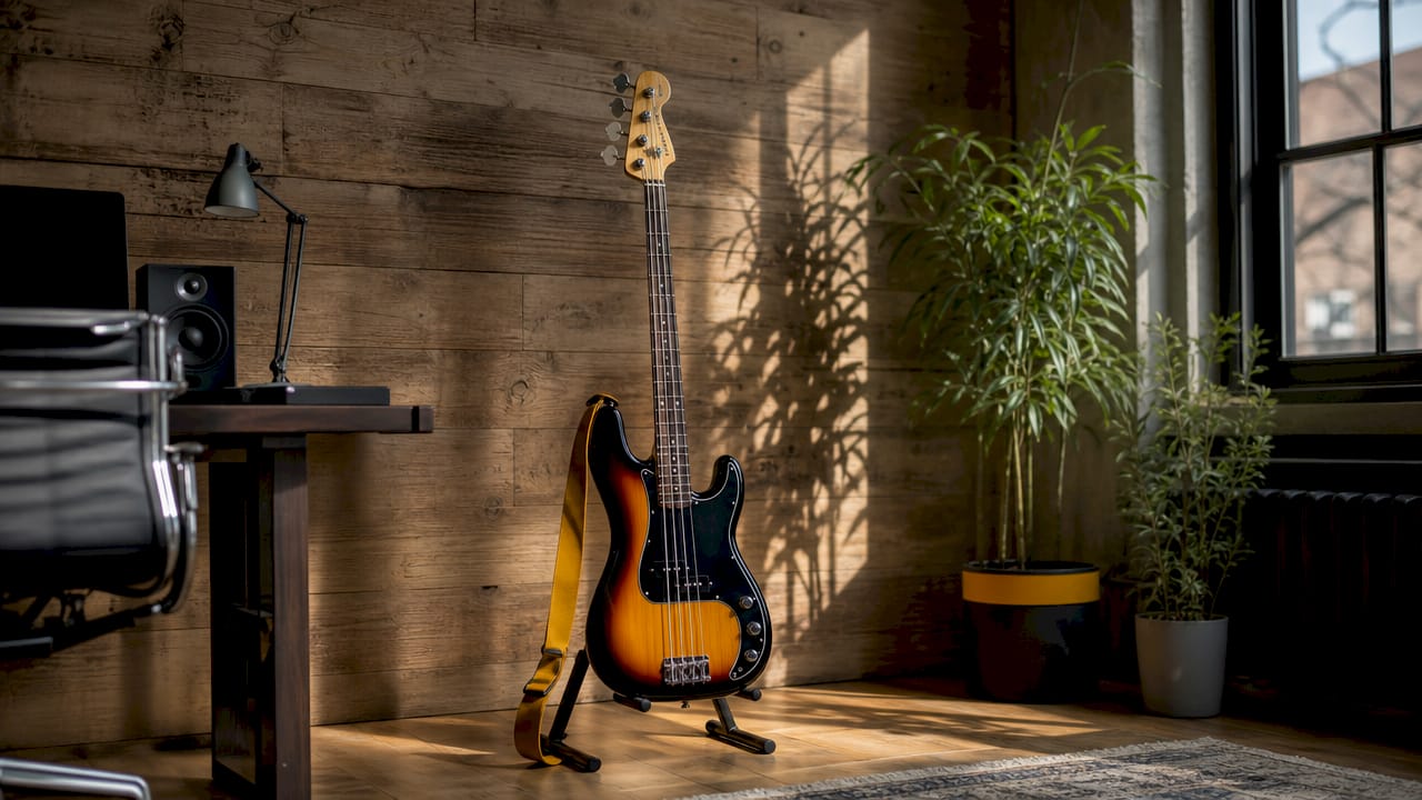 Fender Precision Bass on stand in studio
