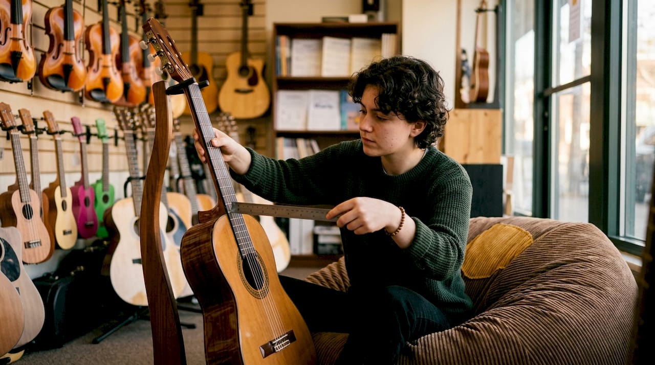 Hands measuring guitar scale length in store