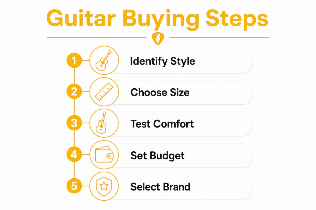 Infographic illustrating steps to buy beginner guitar