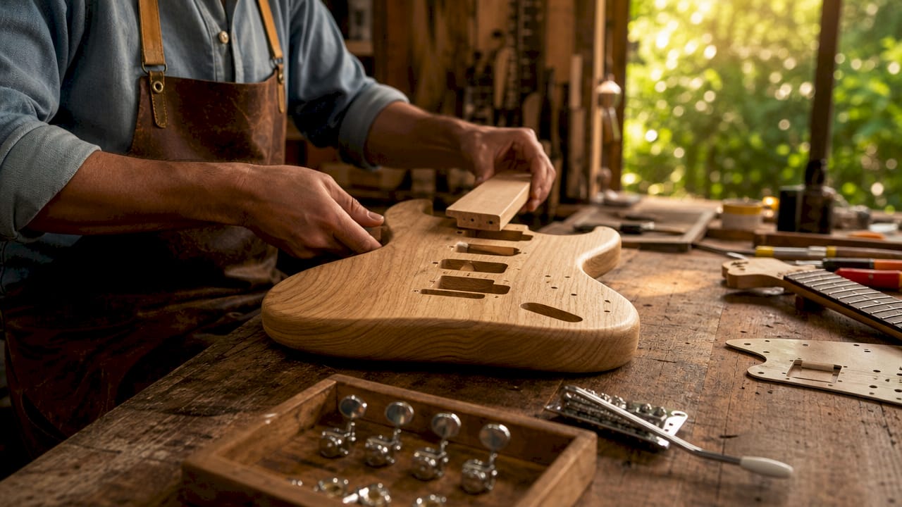 Guitar craftsman fitting Stratocaster body parts