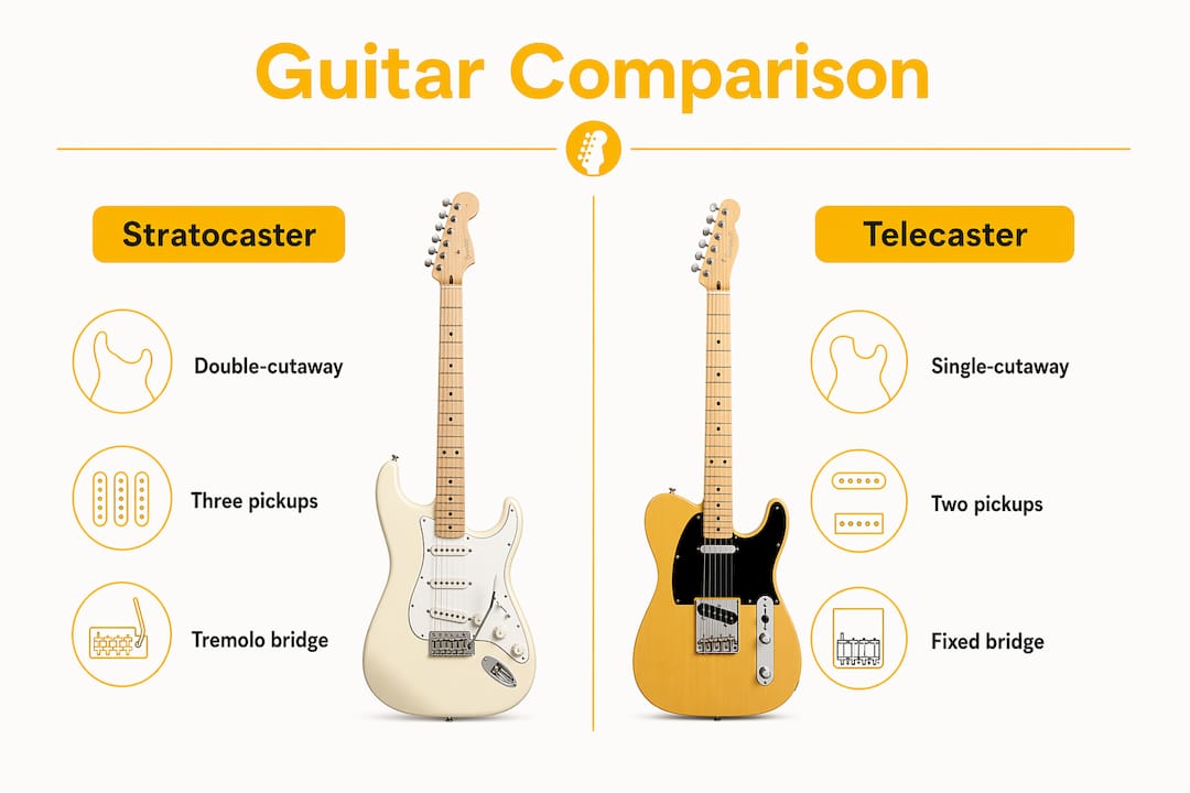 Infographic comparing Stratocaster and Telecaster guitar features
