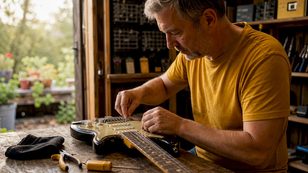 Person removing old guitar strings carefully