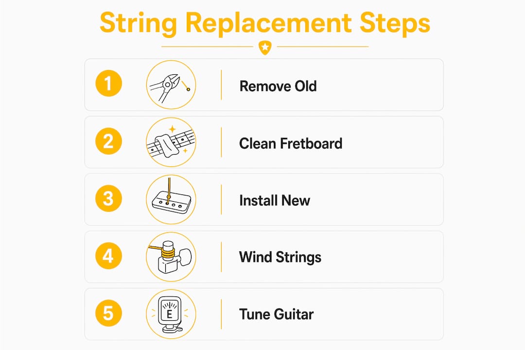 Infographic showing step-by-step guitar string replacement process