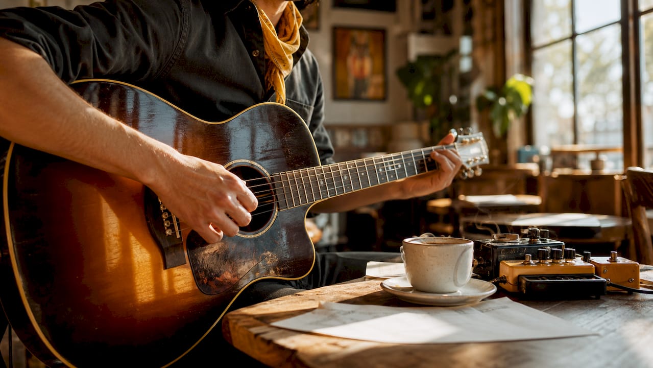 Guitarist playing acoustic guitar with reverb pedals