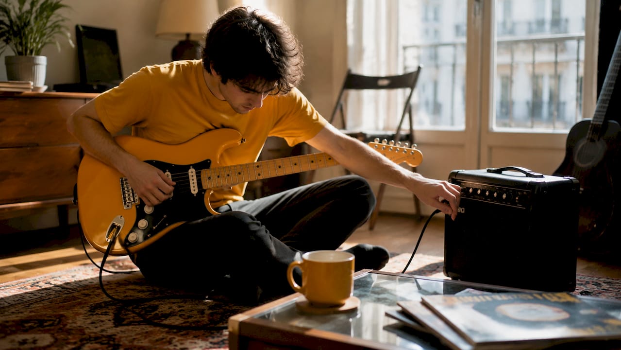 Close-up hands adjusting electric guitar amplifier