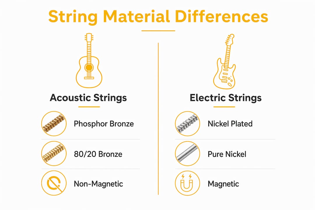 Infographic comparing acoustic and electric guitar string materials