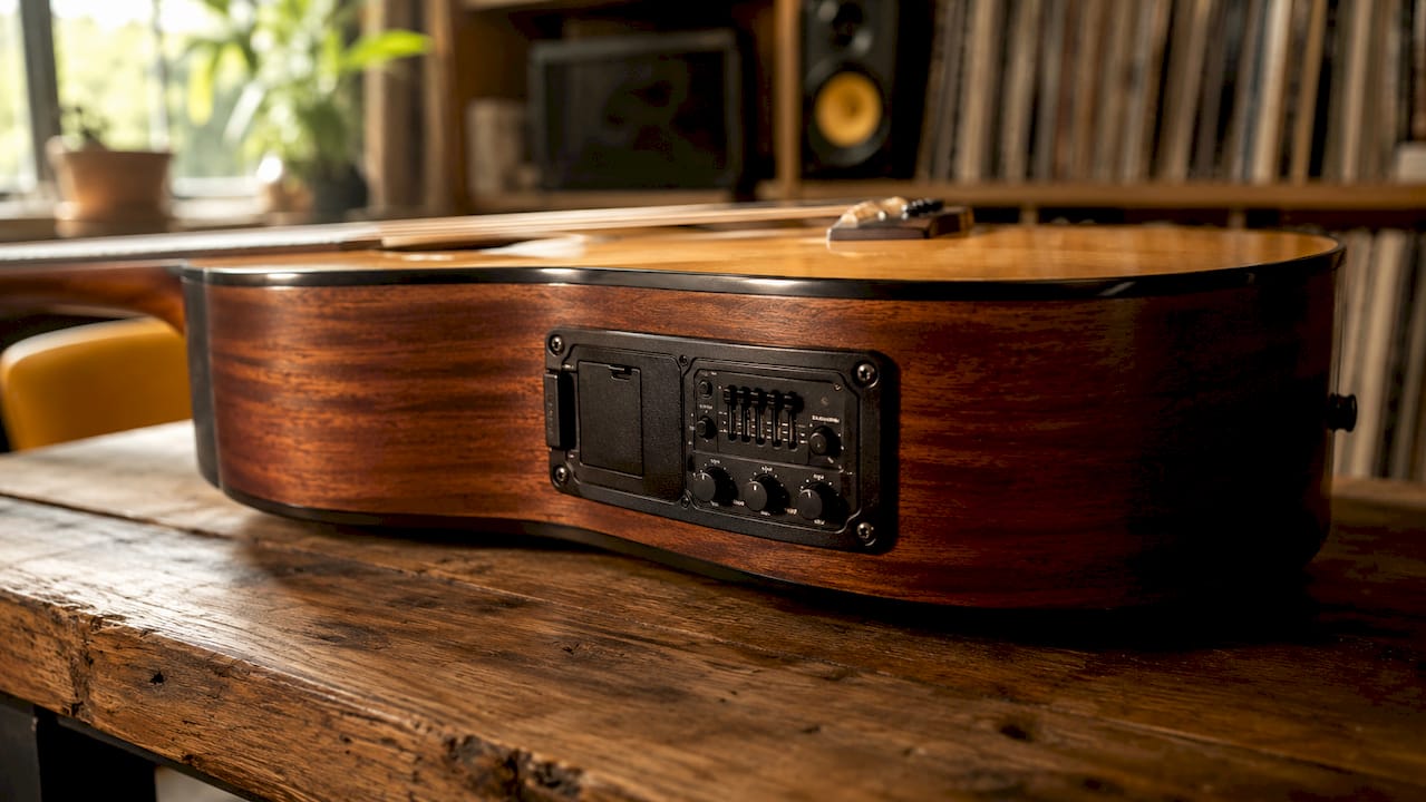 Close-up of acoustic-electric guitar electronics