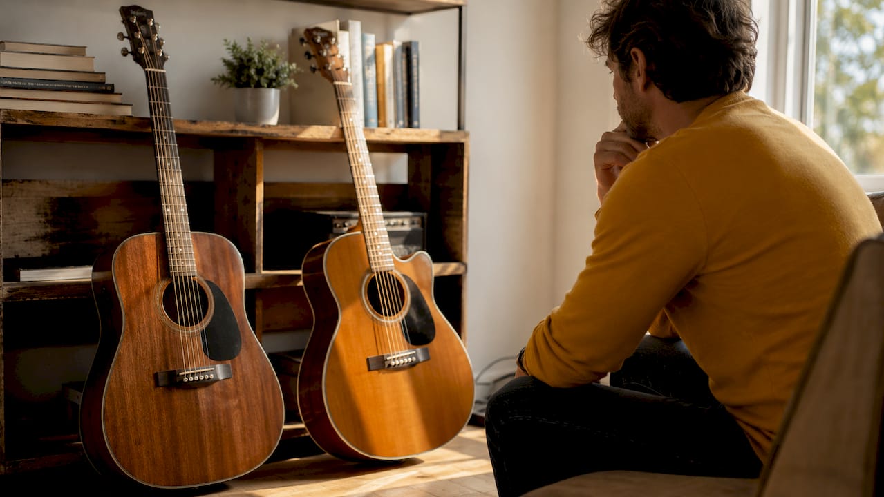 Close-up comparison of two acoustic guitar models