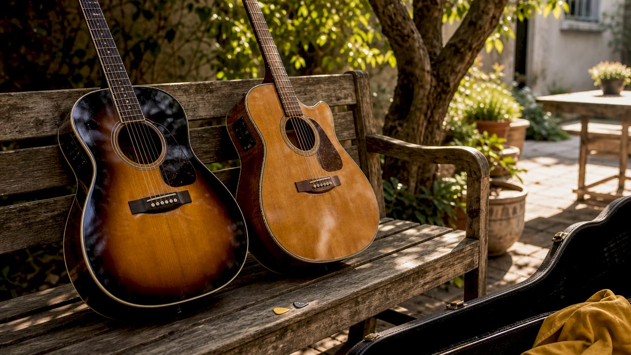 Close-up of acoustic and acoustic-electric guitars showing construction