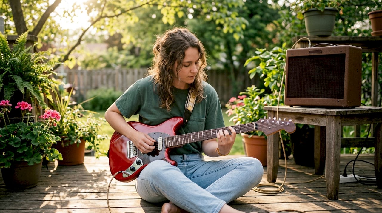 Close-up of hands playing electric guitar