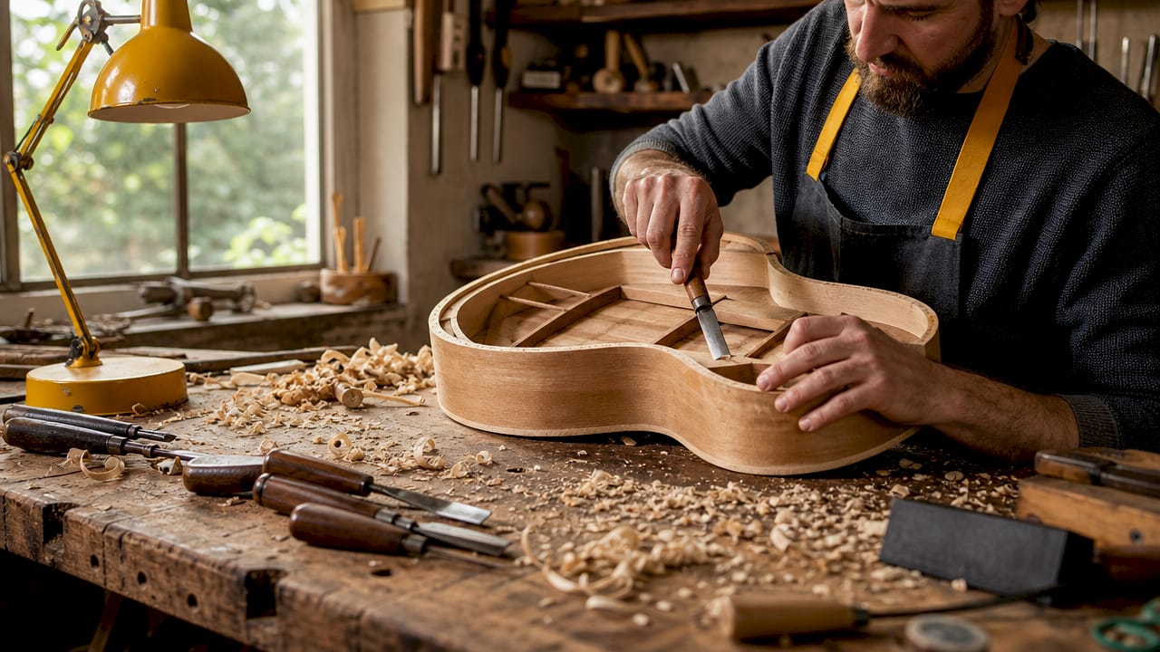 Craftsman working on acoustic guitar body