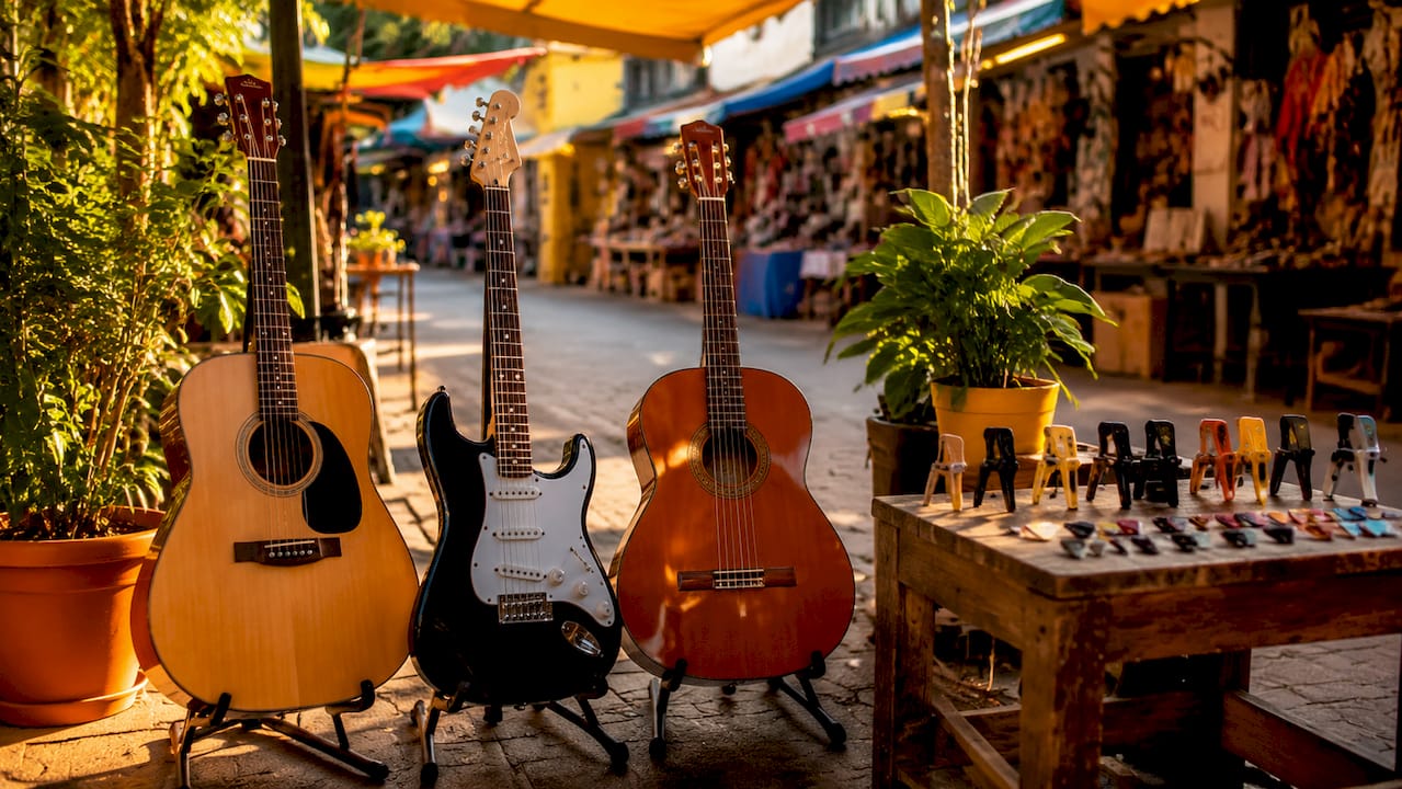 Three guitar types side by side in music store