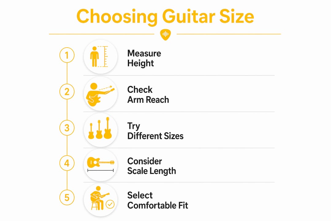 Infographic illustrating steps to choose guitar size