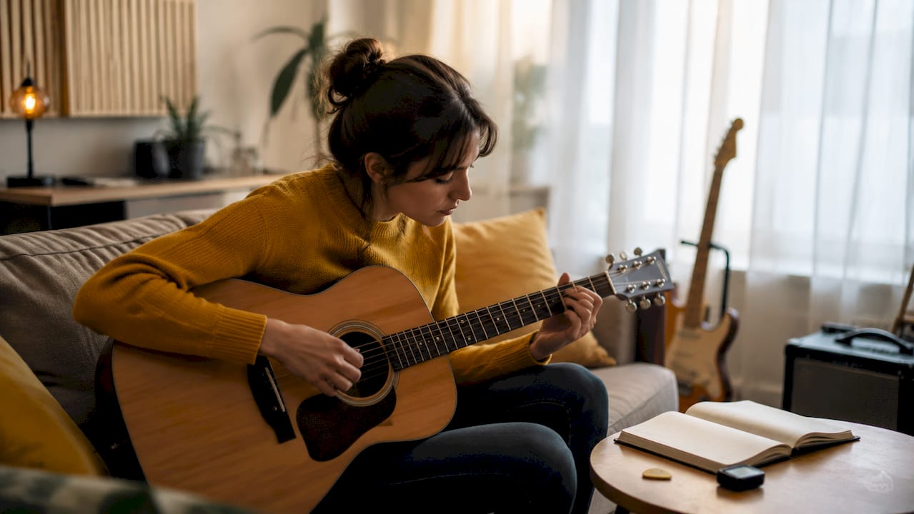 Guitarist playing acoustic guitar in shop testing area