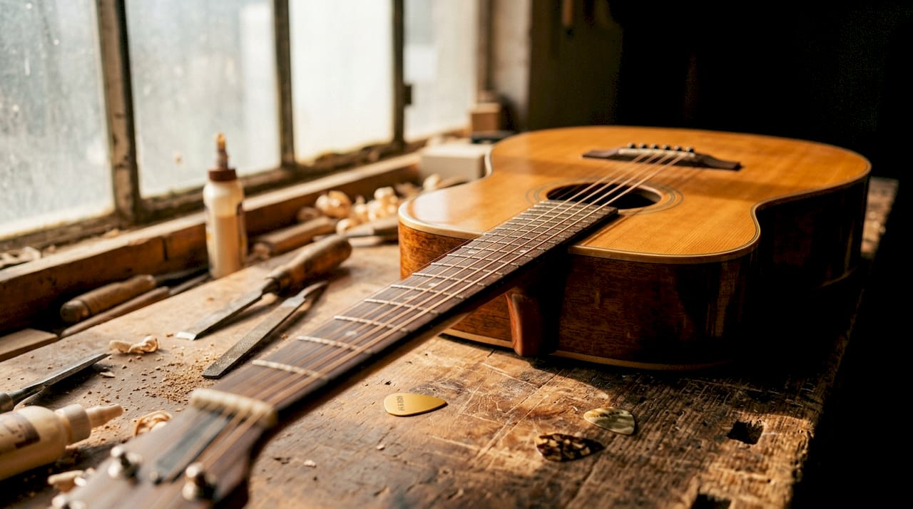 Close-up of electric acoustic guitar piezo pickup