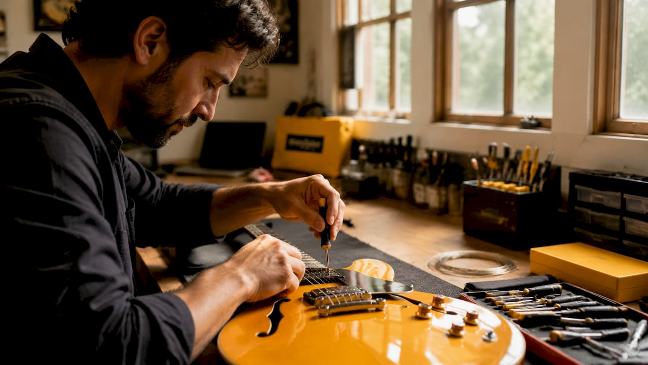 Technician adjusting guitar pickups in workshop