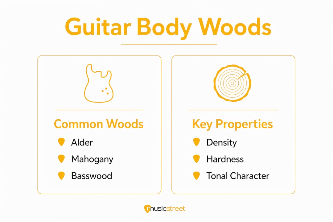 Infographic comparing common electric guitar body woods and their properties