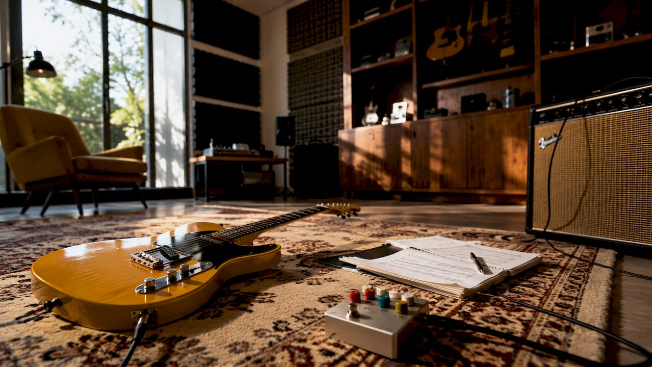Electric guitar and spring reverb pedal in rehearsal room