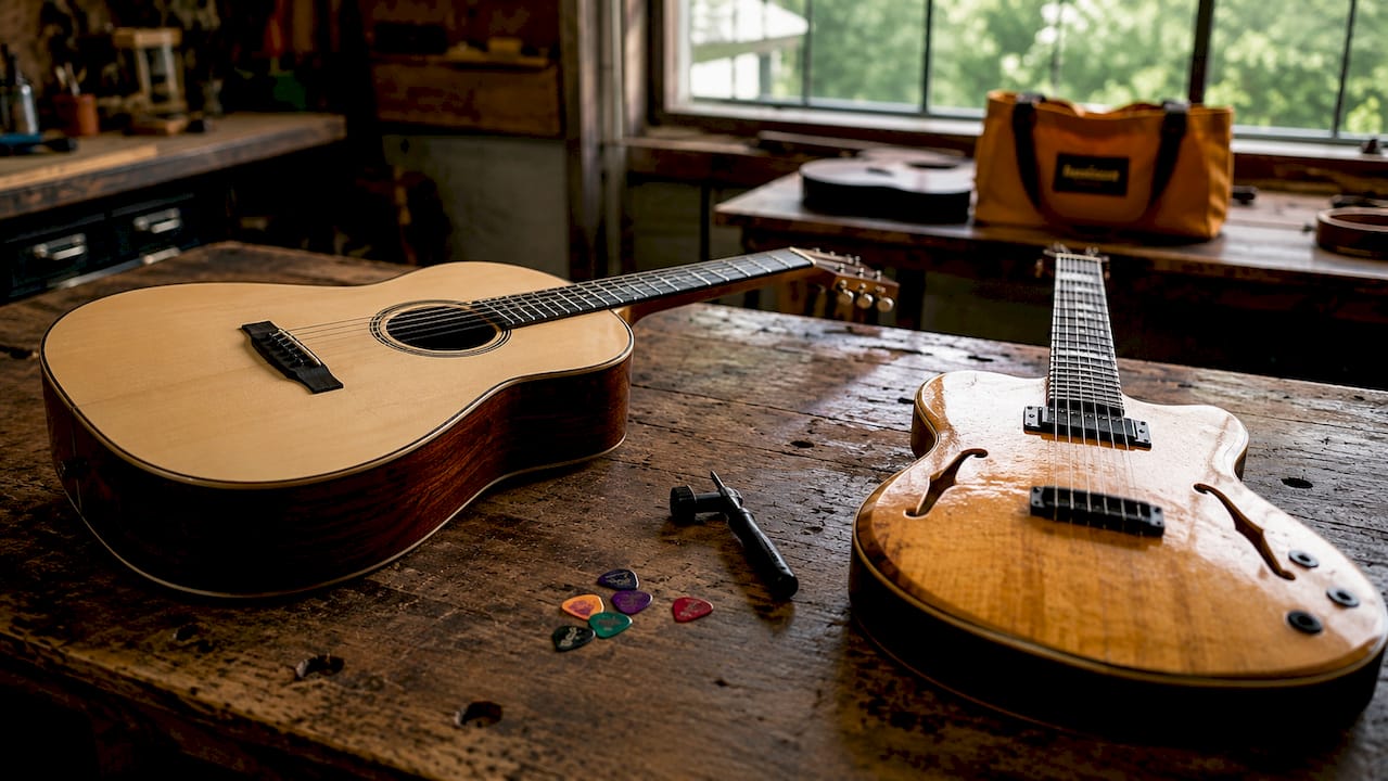 Detailed view of acoustic and semi-acoustic guitar bodies