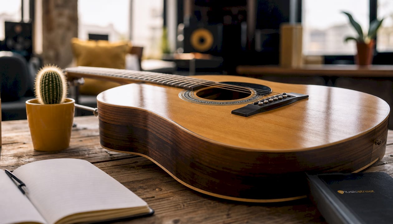 Close-up of acoustic guitar hollow body and strings