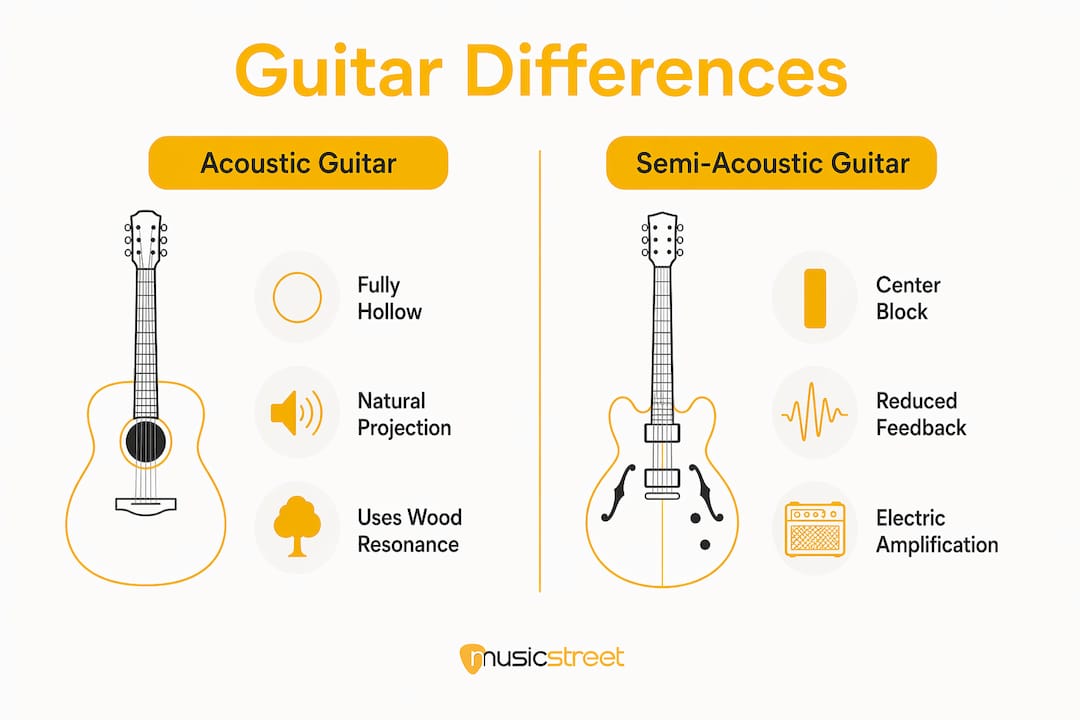 Infographic comparing acoustic and semi-acoustic guitar features
