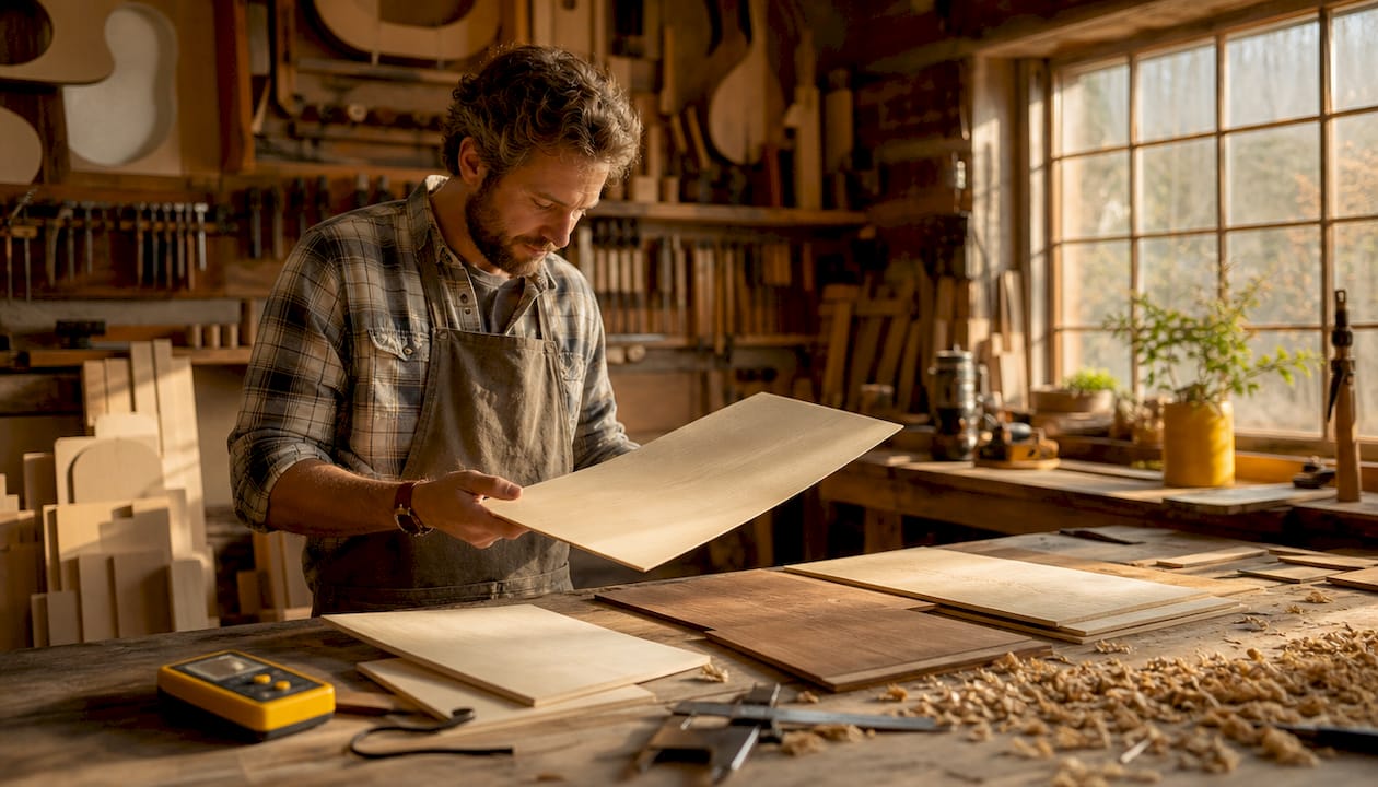 Hands inspecting guitar tonewood samples