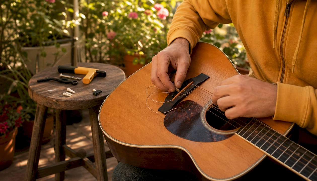 Hands removing old strings from acoustic guitar