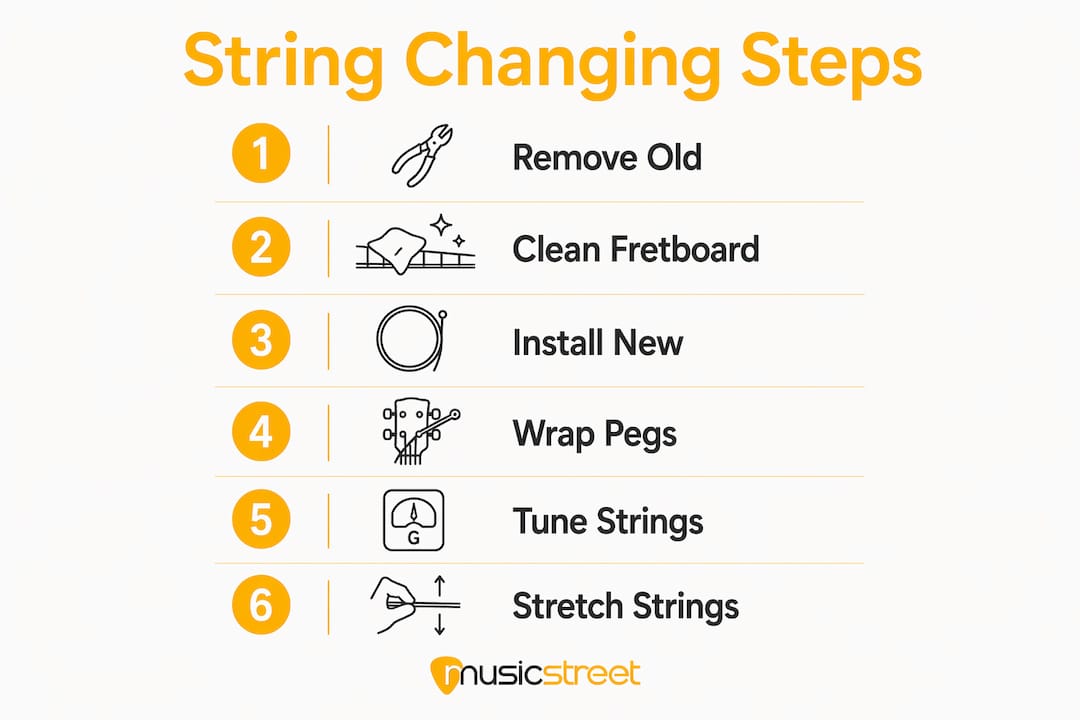 Infographic of guitar string changing steps