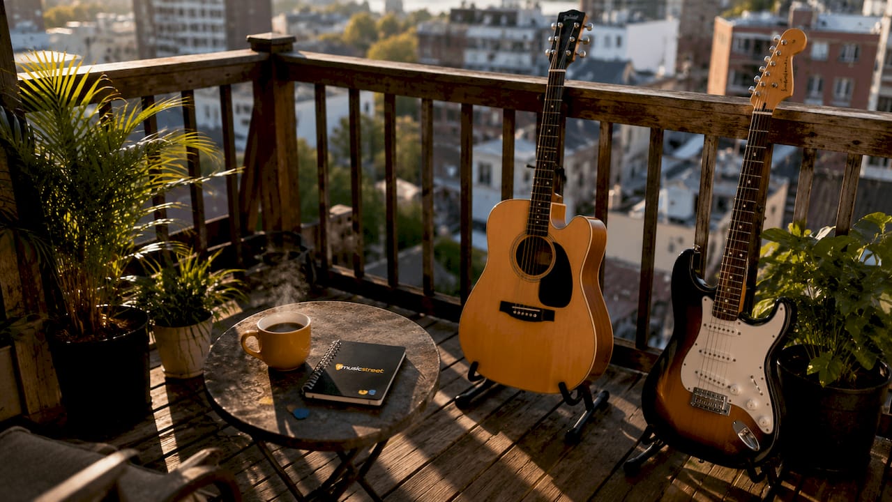 Acoustic and electric guitars side by side indoors