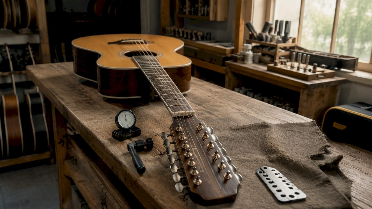 Close-up 12-string guitar tuning setup