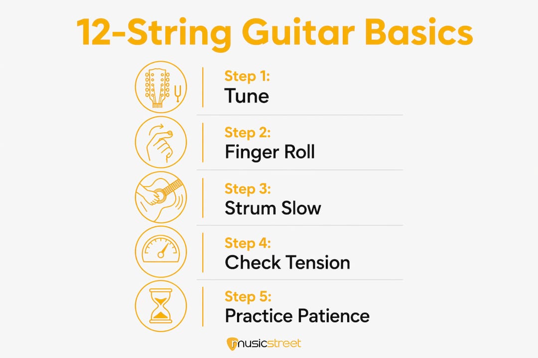 Infographic with beginner steps for 12-string guitar