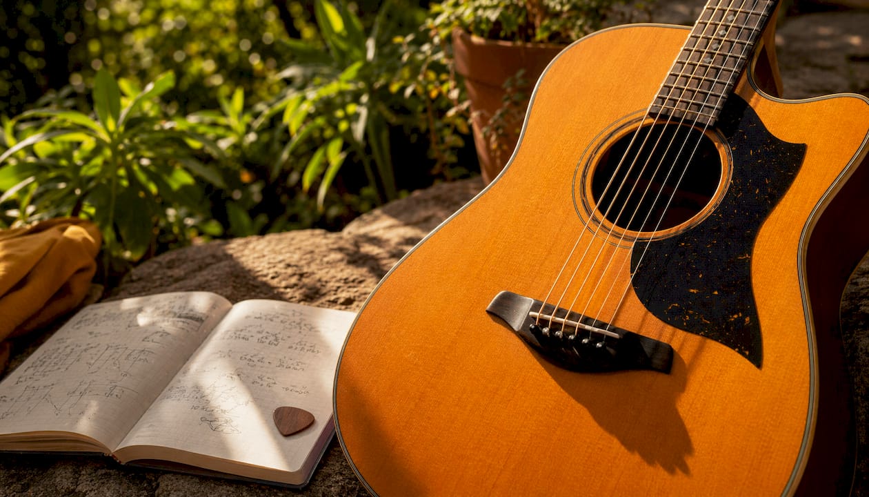 Close-up of Martin acoustic guitar on wooden table