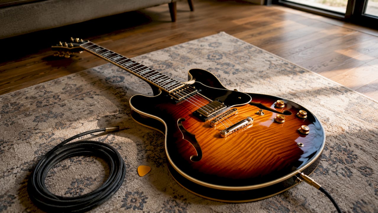 Close-up semi-hollow guitar details and hardware